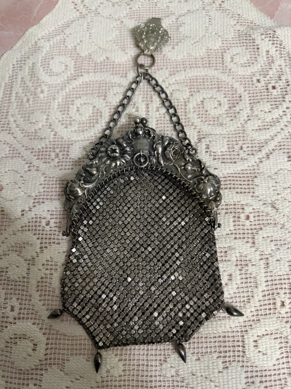 Antique 1900 Art Nouveau Sterling Silver Mesh Purse